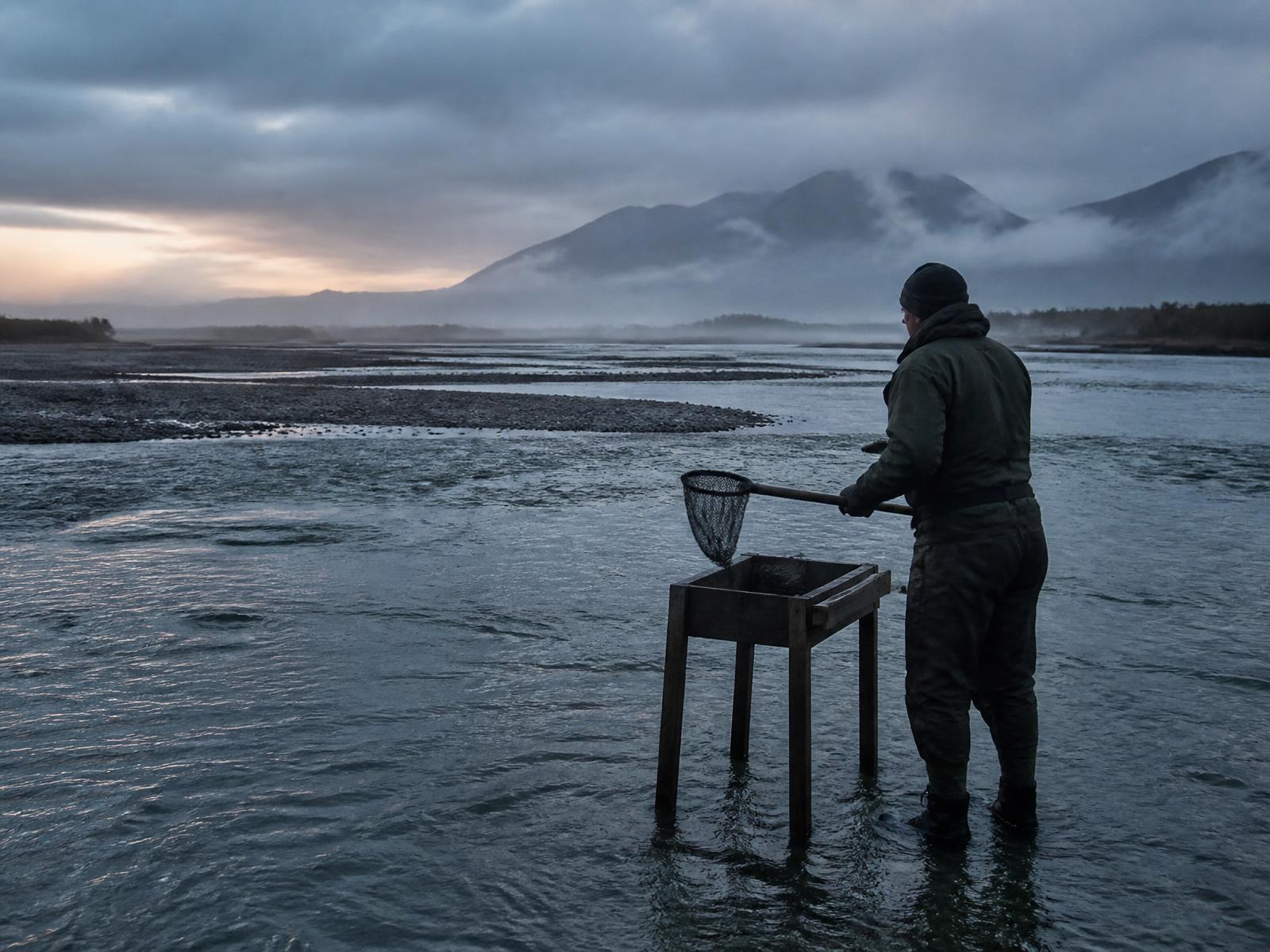 Whitebaiter working a scoop net at a misty Southland river mouth at dawn